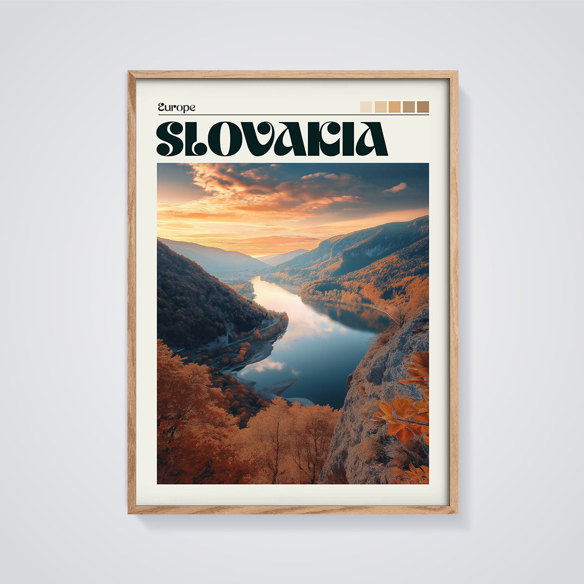 Slovakia Autumn River Valley Print framed in oak on a grey background