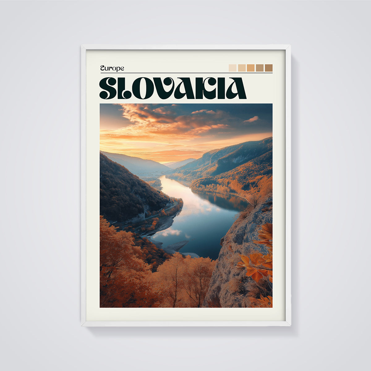 Slovakia Autumn River Valley Print framed in white on a grey background