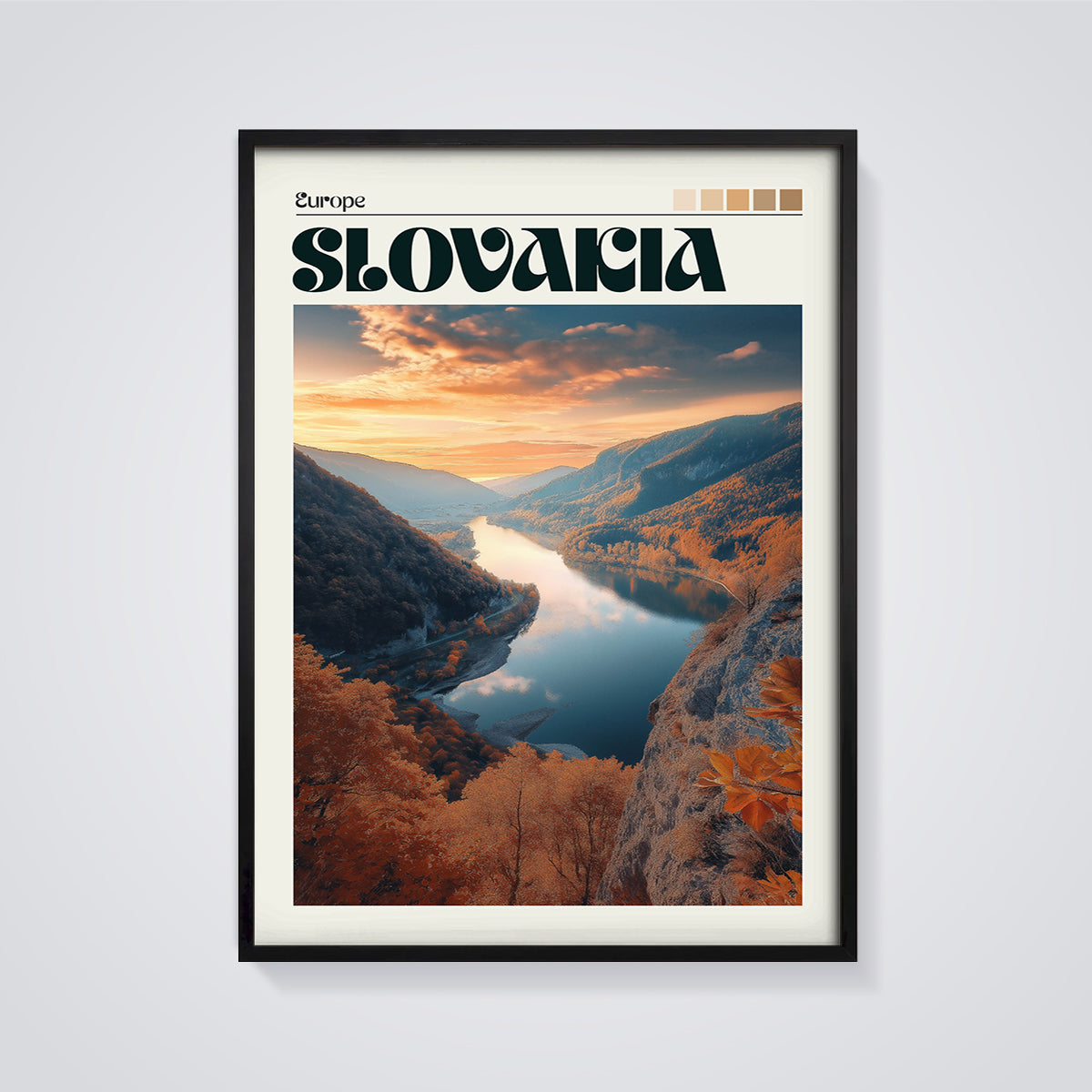 Slovakia Autumn River Valley Print framed in black on a grey background