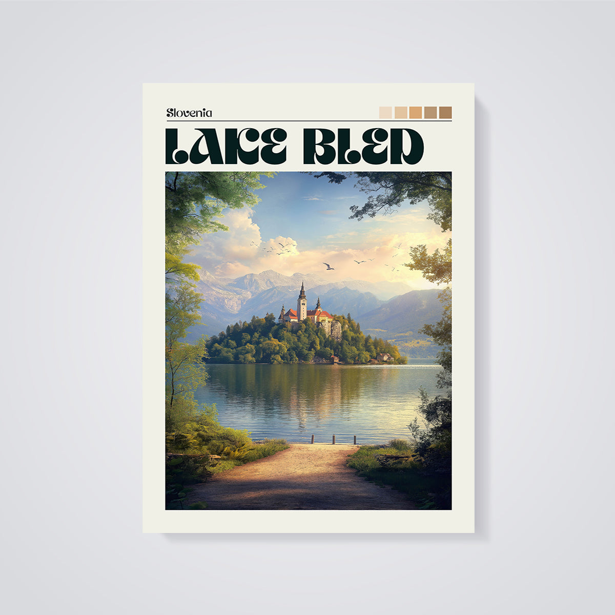Slovenia Lake Bled Print unframed on a grey background