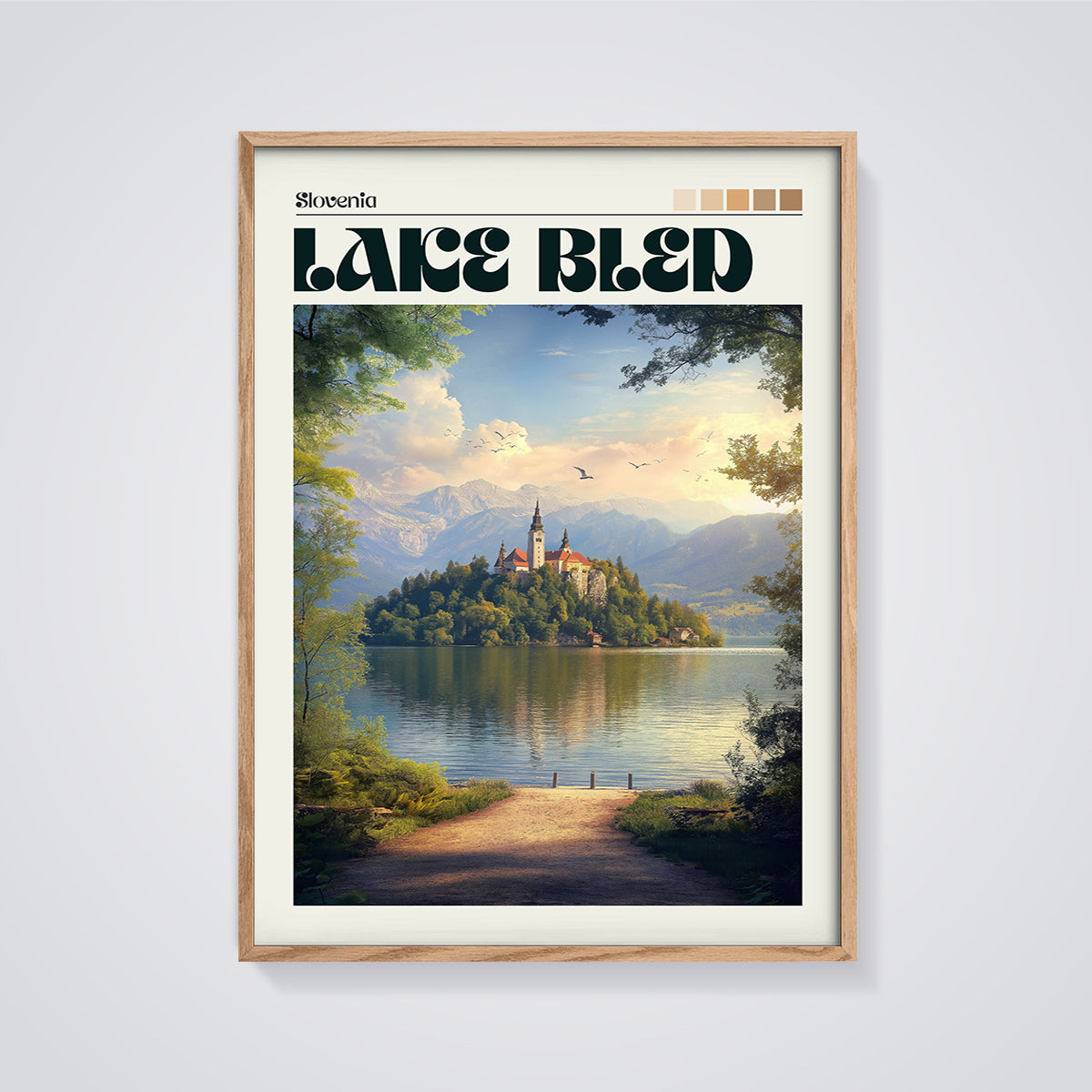 Slovenia Lake Bled Print framed in oak on a grey background