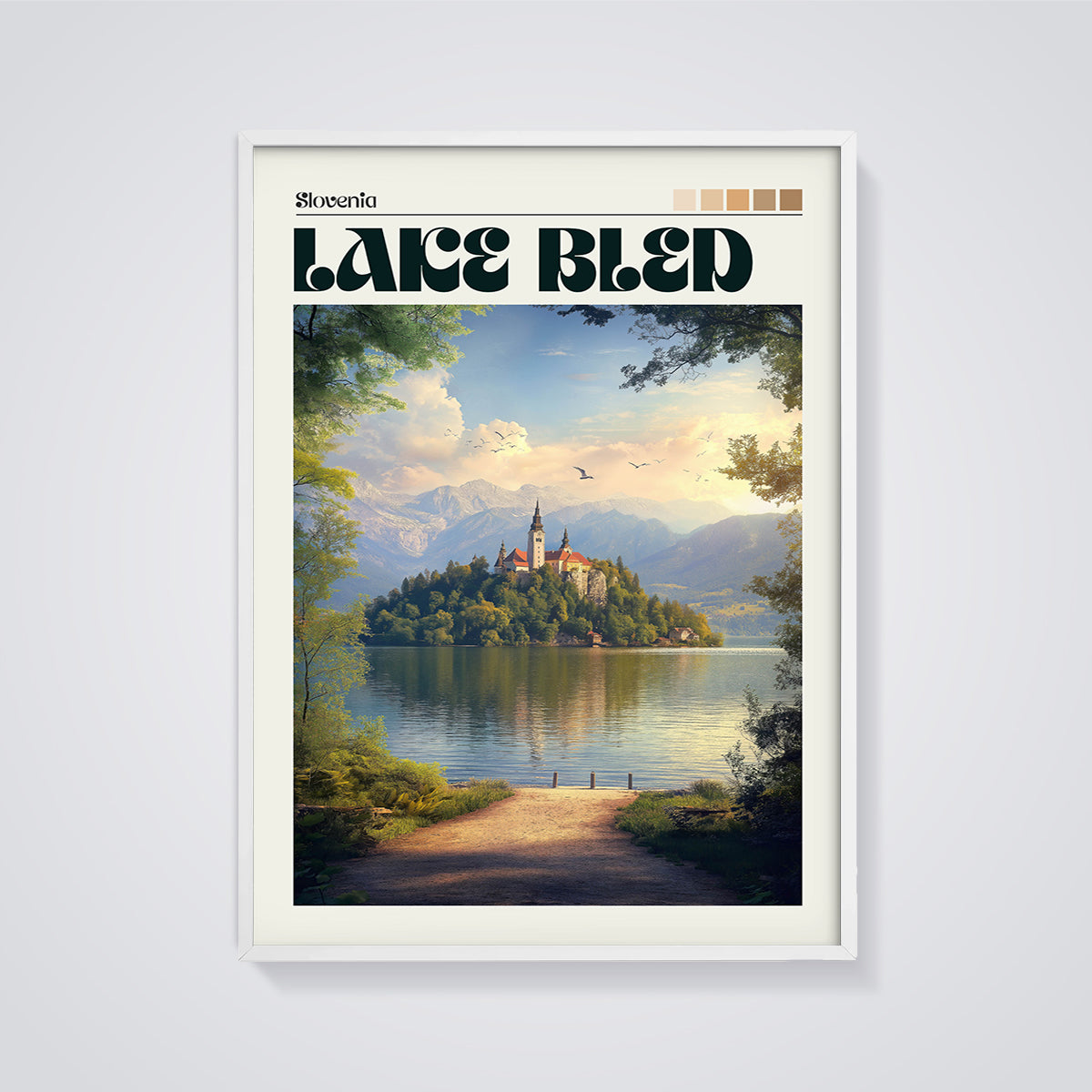 Slovenia Lake Bled Print framed in white on a grey background