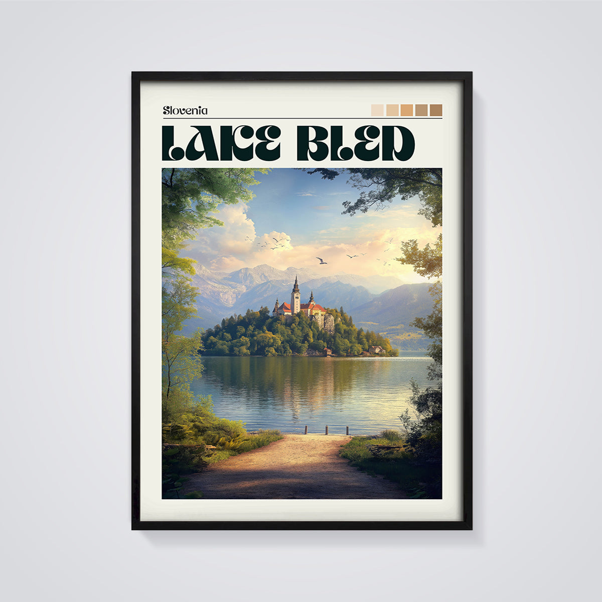 Slovenia Lake Bled Print framed in black on a grey background