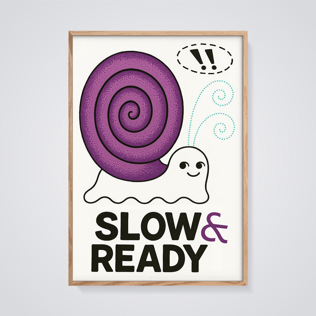 Slow & Ready Purple Snail Print framed in oak on a grey background