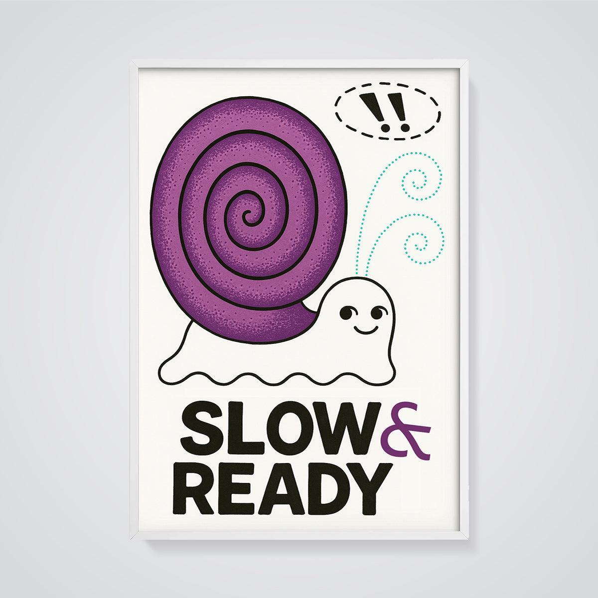 Slow & Ready Purple Snail Print framed in white on a grey background