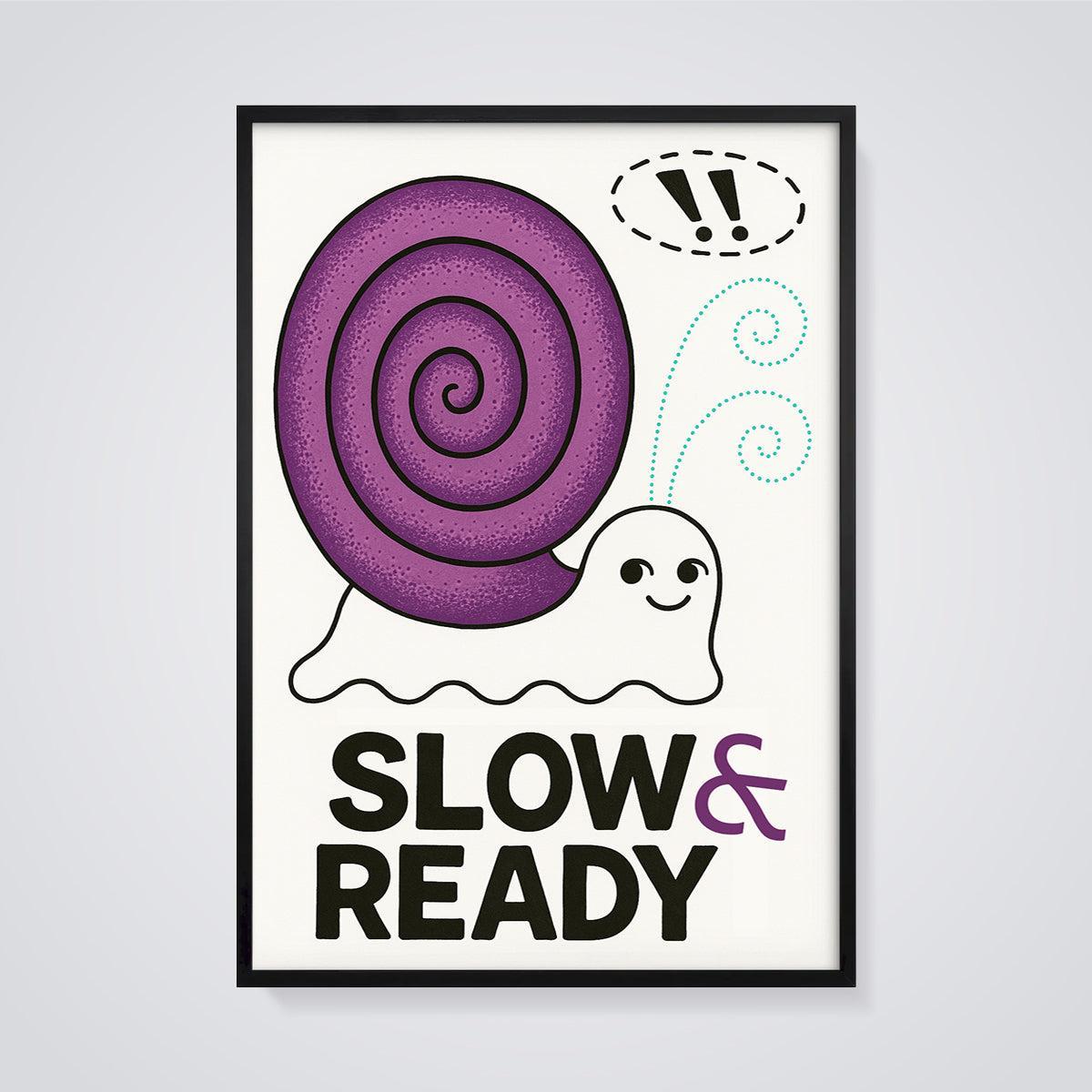 Slow & Ready Purple Snail Print framed in black on a grey background