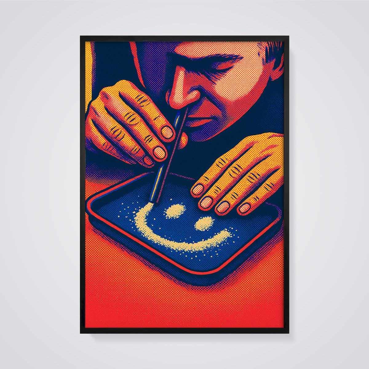 Smiley Face Snort Print framed in black on a grey background