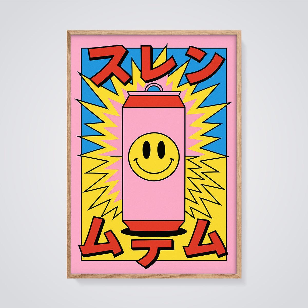 Smiley Face Soda Pop Art Print framed in oak on a grey background