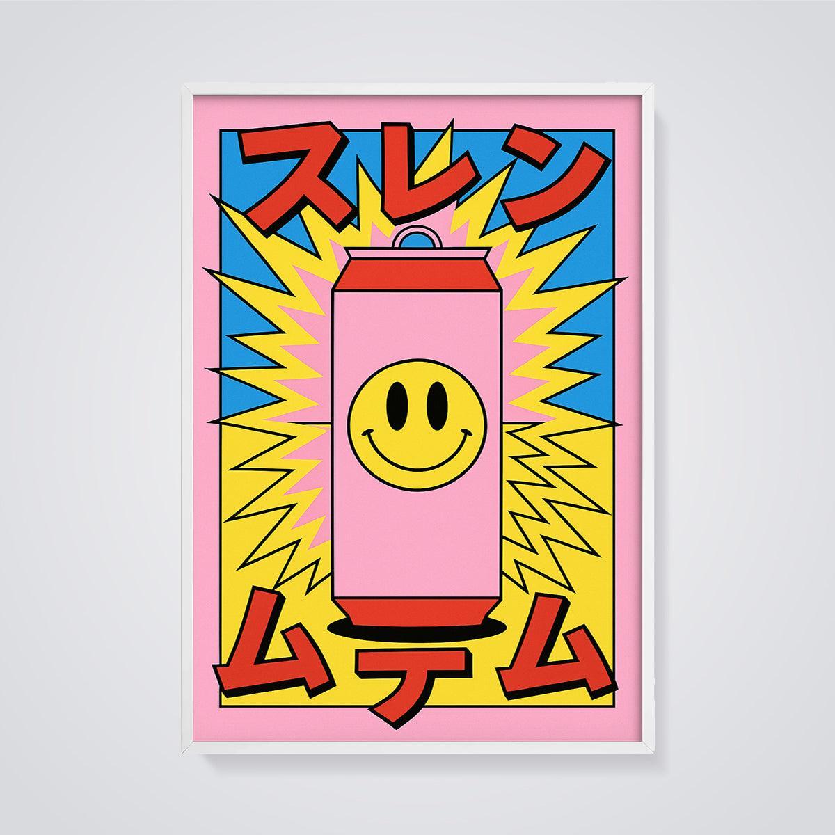 Smiley Face Soda Pop Art Print framed in white on a grey background