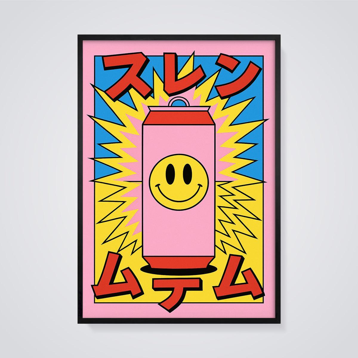 Smiley Face Soda Pop Art Print framed in black on a grey background