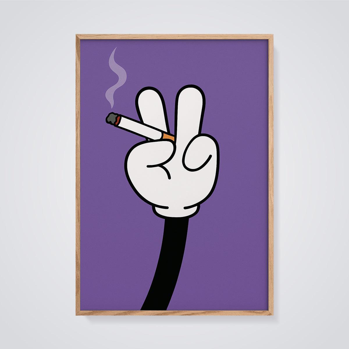 Smoking Peace Hand Print framed in oak on a grey background