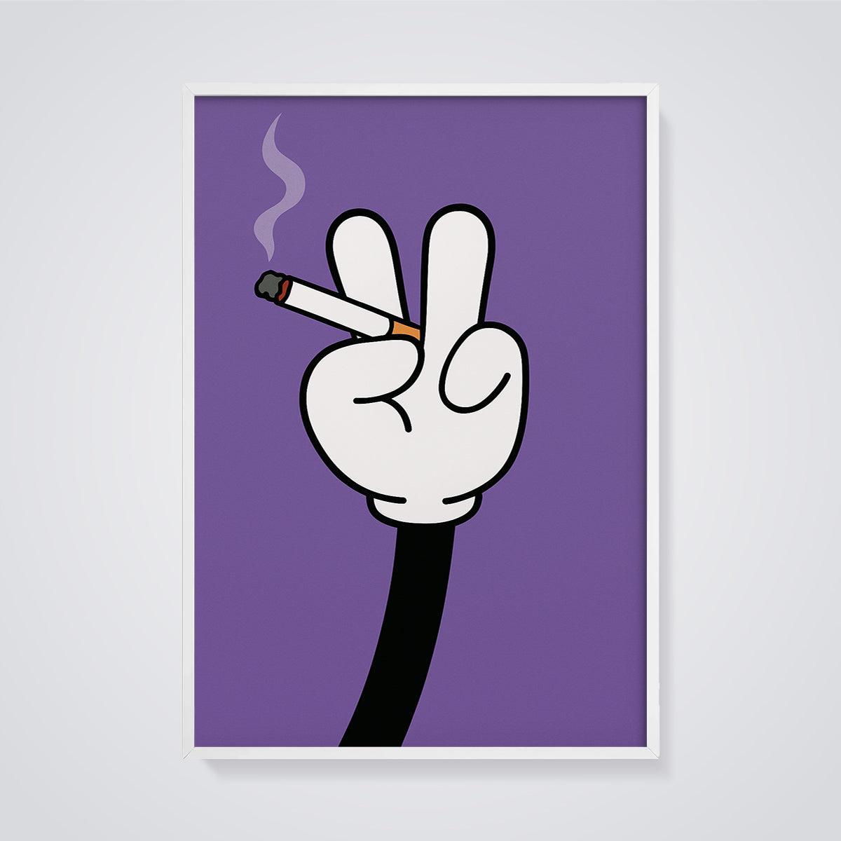 Smoking Peace Hand Print framed in white on a grey background