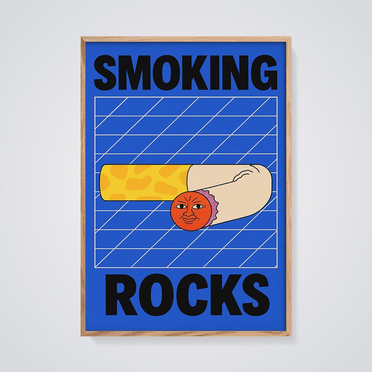 Smoking Rocks Pop Art Print framed in oak on a grey background