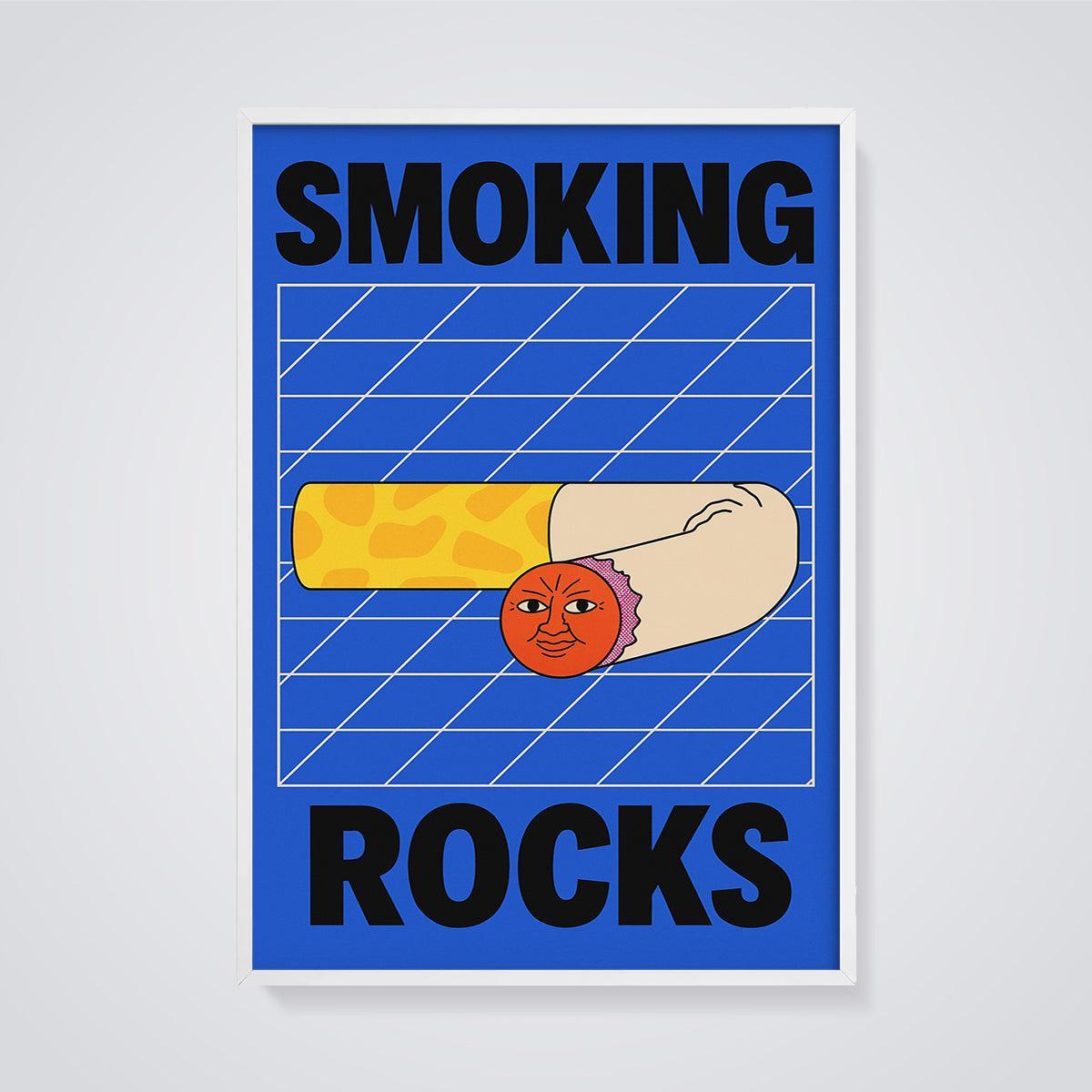 Smoking Rocks Pop Art Print framed in white on a grey background