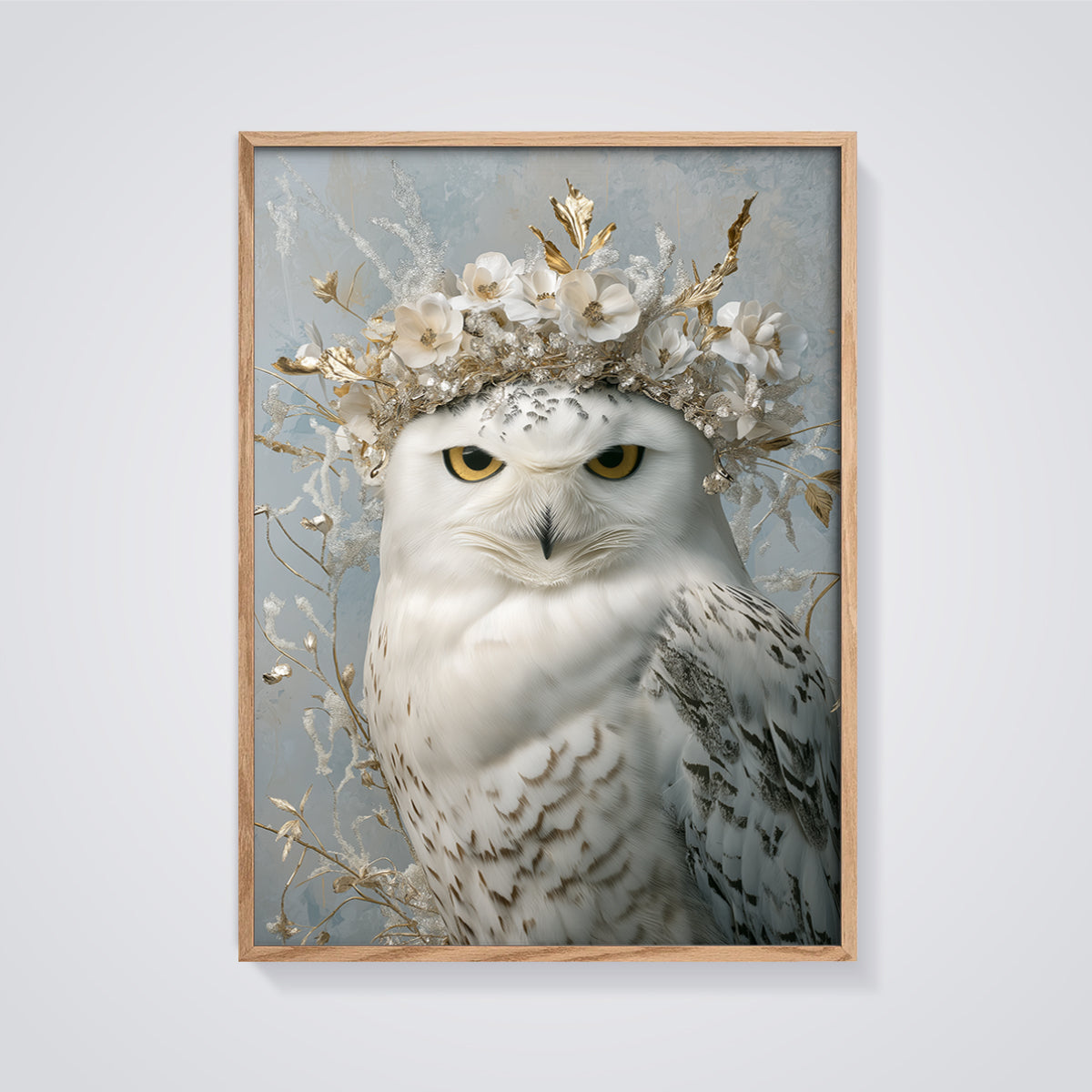 Snowy Owl Crown Print framed in oak on a grey background