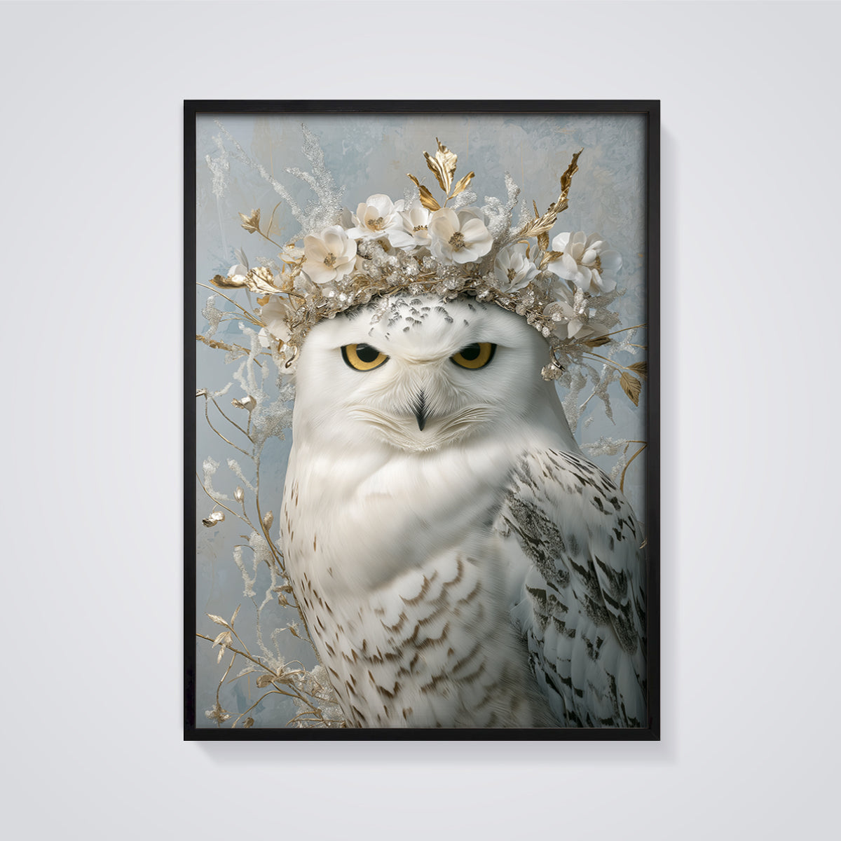 Snowy Owl Crown Print framed in black on a grey background