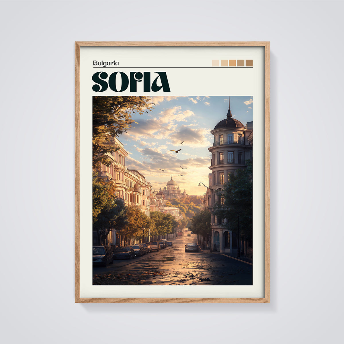 Sofia Bulgaria Cityscape Print framed in oak on a grey background
