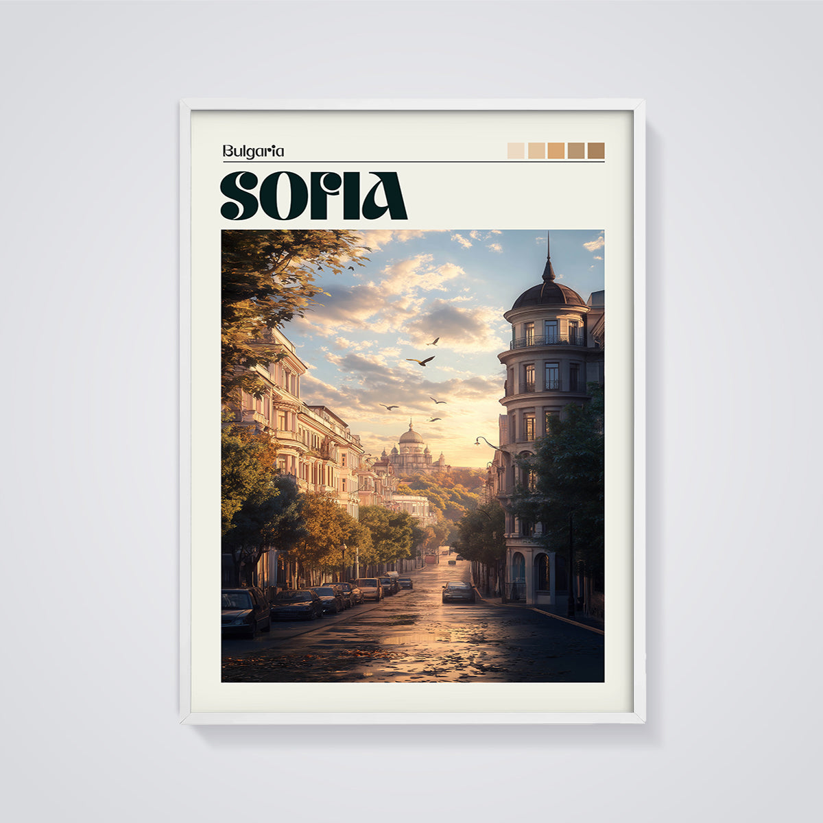 Sofia Bulgaria Cityscape Print framed in white on a grey background