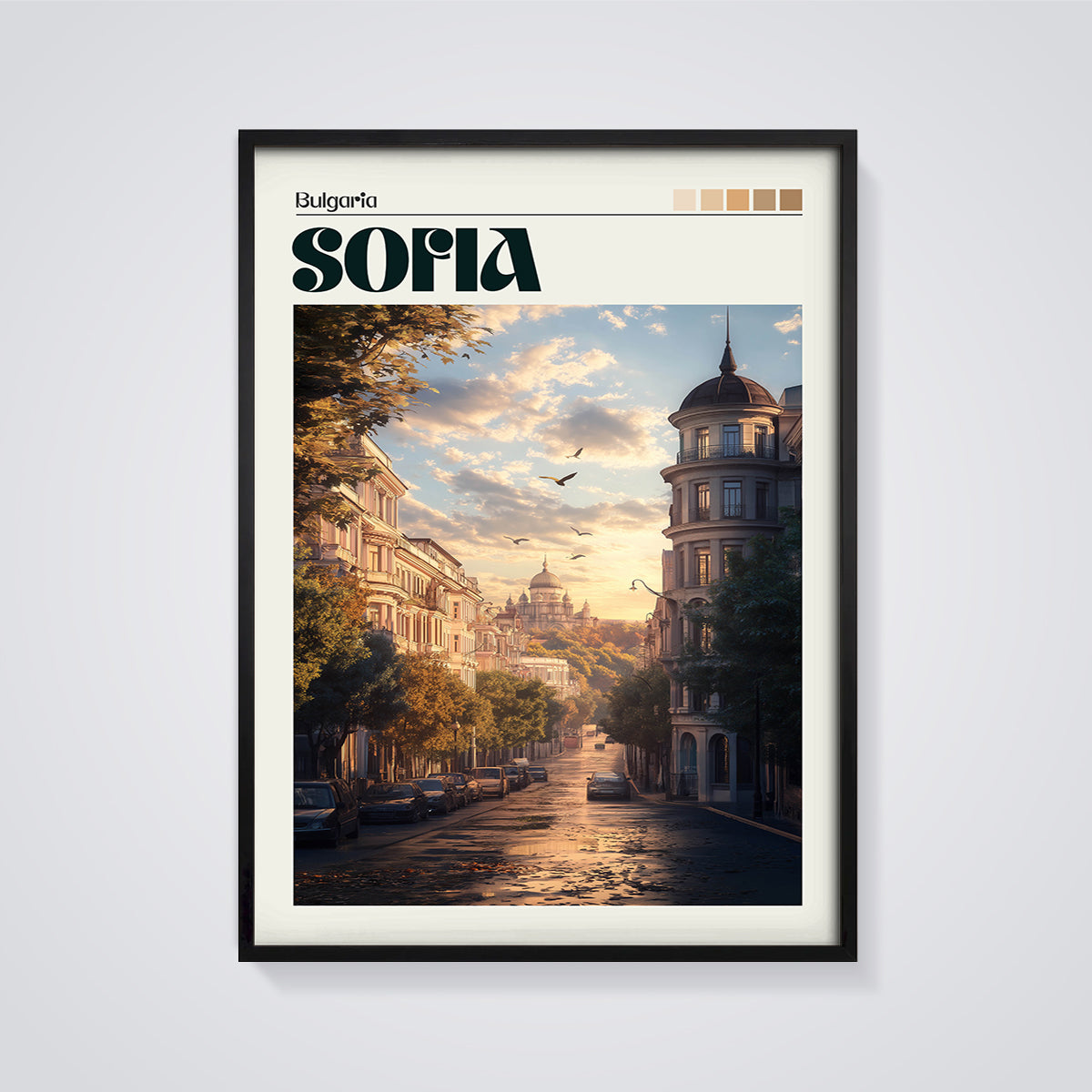 Sofia Bulgaria Cityscape Print framed in black on a grey background