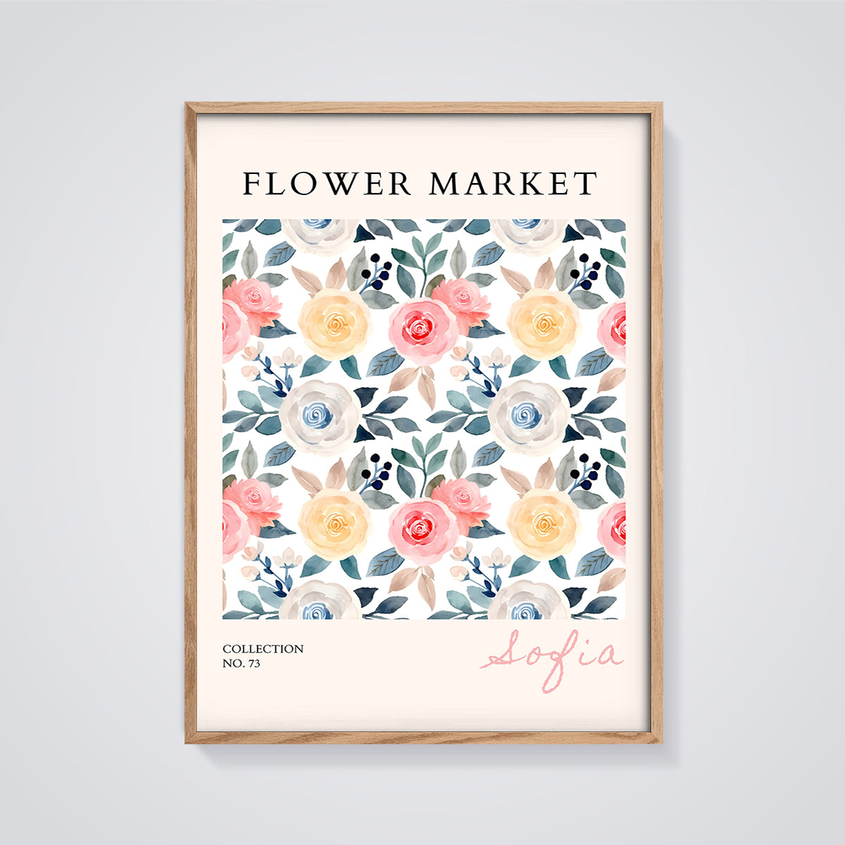 Sofia Flower Market Floral Print framed in oak on a grey background