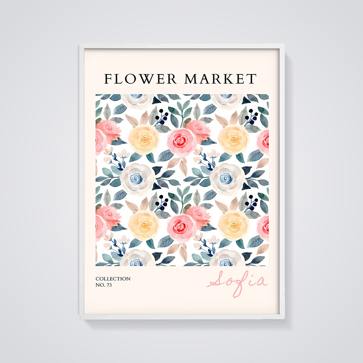 Sofia Flower Market Floral Print framed in white on a grey background