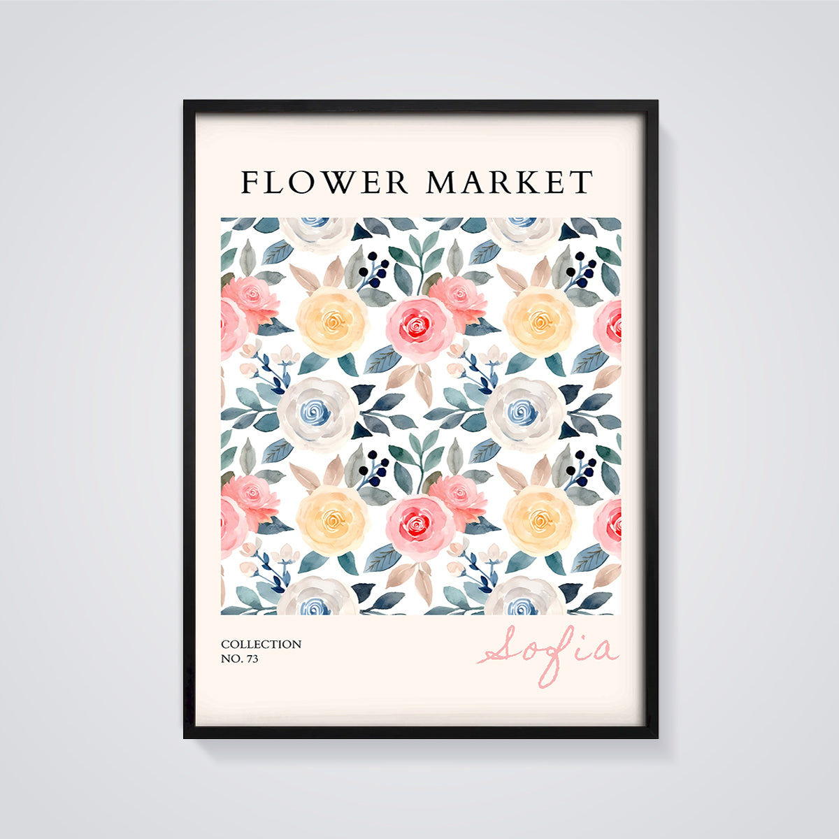 Sofia Flower Market Floral Print framed in black on a grey background