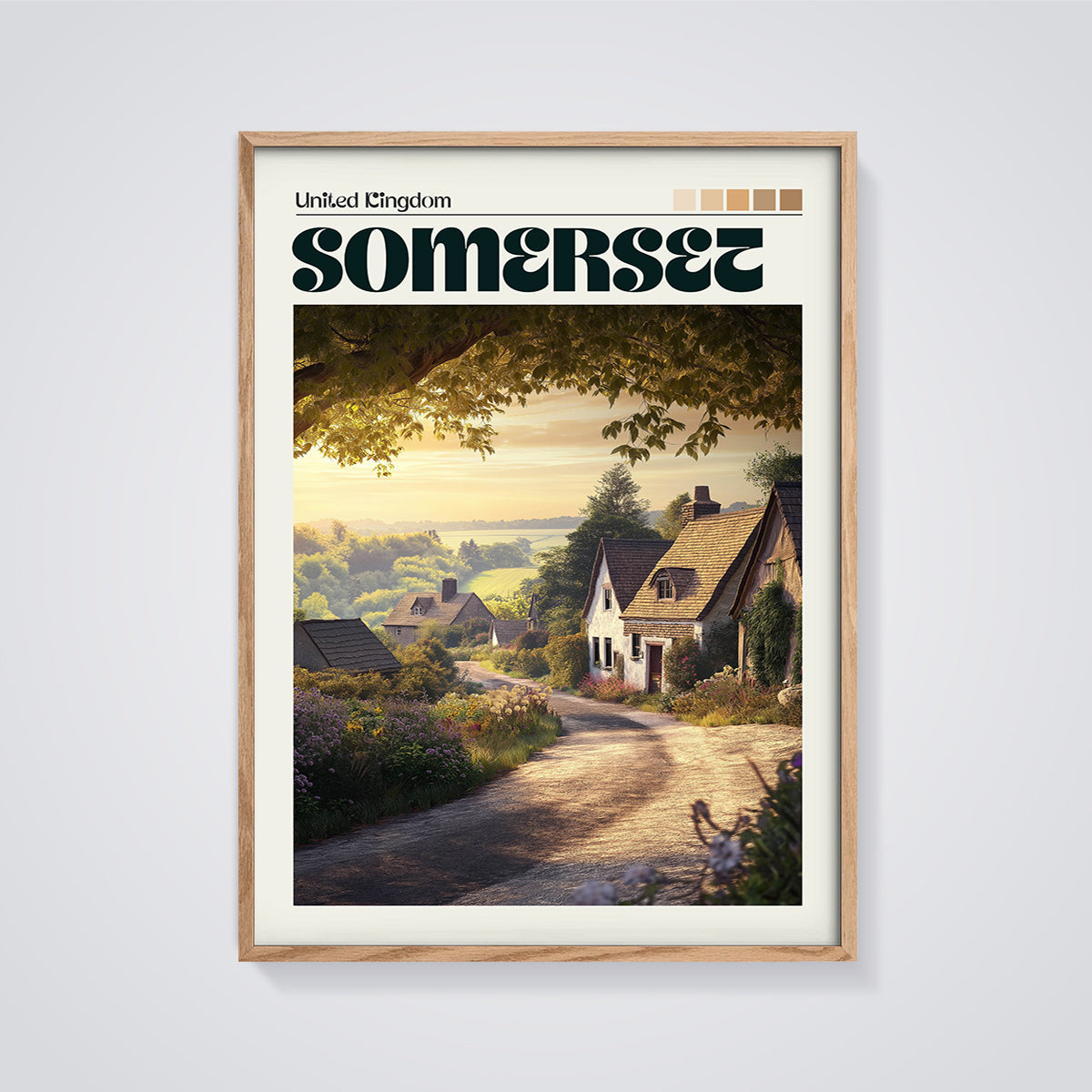 Somerset Village Lane Print framed in oak on a grey background