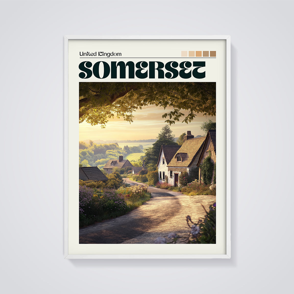 Somerset Village Lane Print framed in white on a grey background
