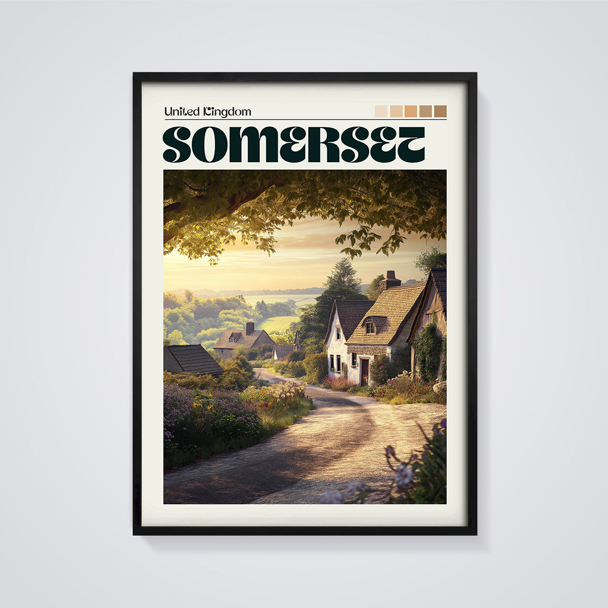 Somerset Village Lane Print framed in black on a grey background