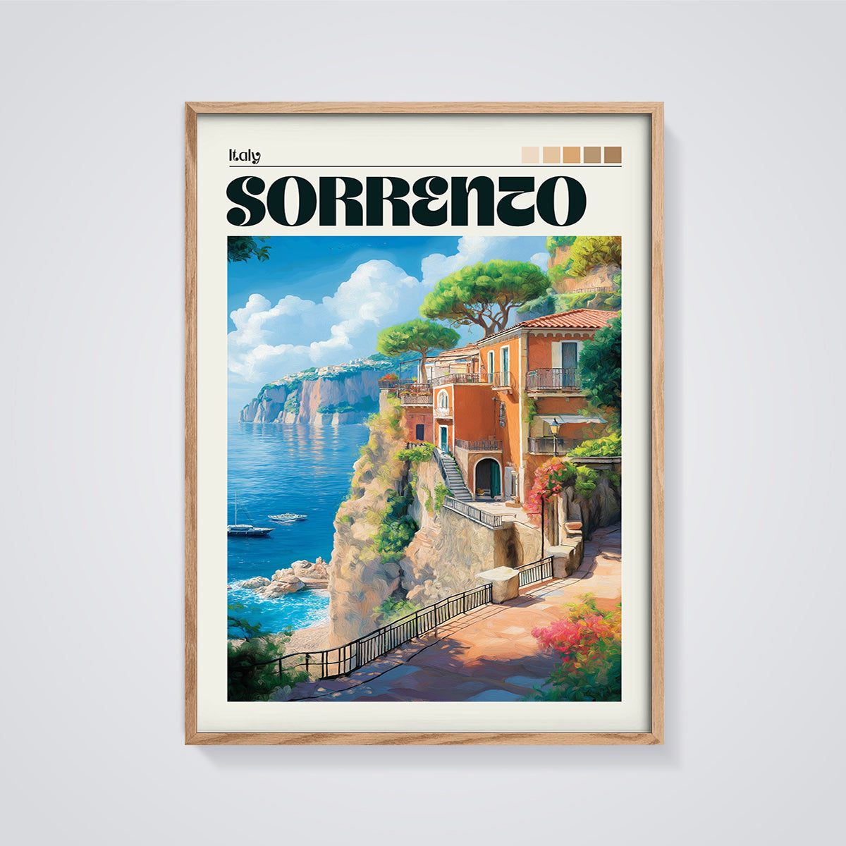 Sorrento Cliffside Village Print framed in oak on a grey background