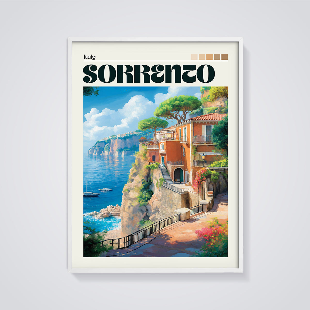 Sorrento Cliffside Village Print framed in white on a grey background