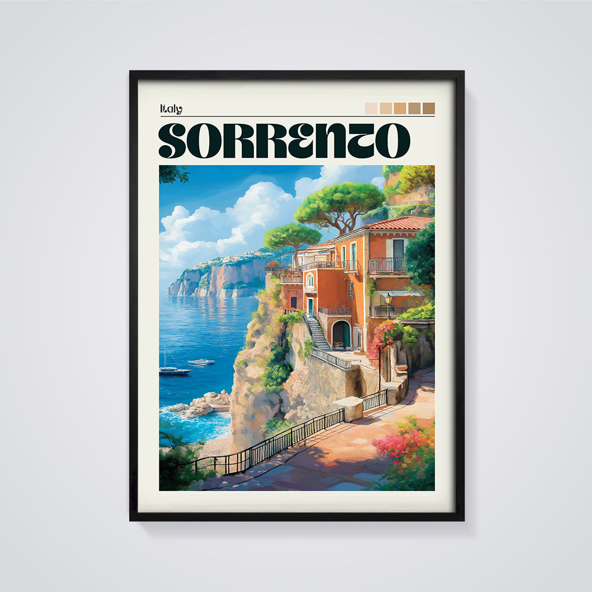 Sorrento Cliffside Village Print framed in black on a grey background
