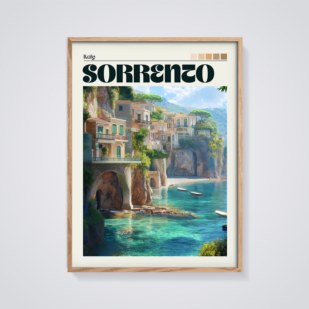 Sorrento Italy Cliffside Print framed in oak on a grey background