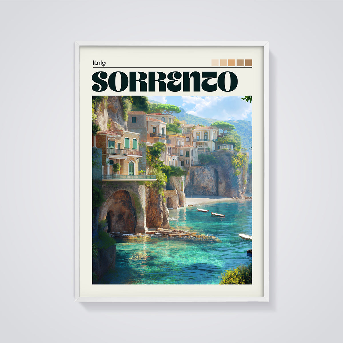 Sorrento Italy Cliffside Print framed in white on a grey background