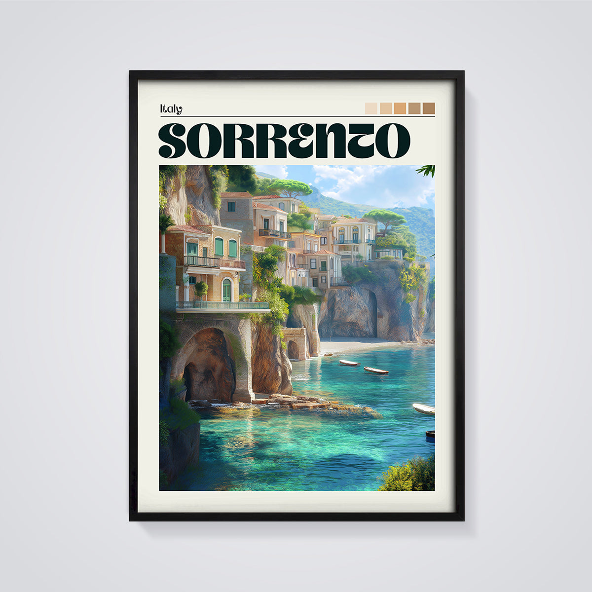 Sorrento Italy Cliffside Print framed in black on a grey background