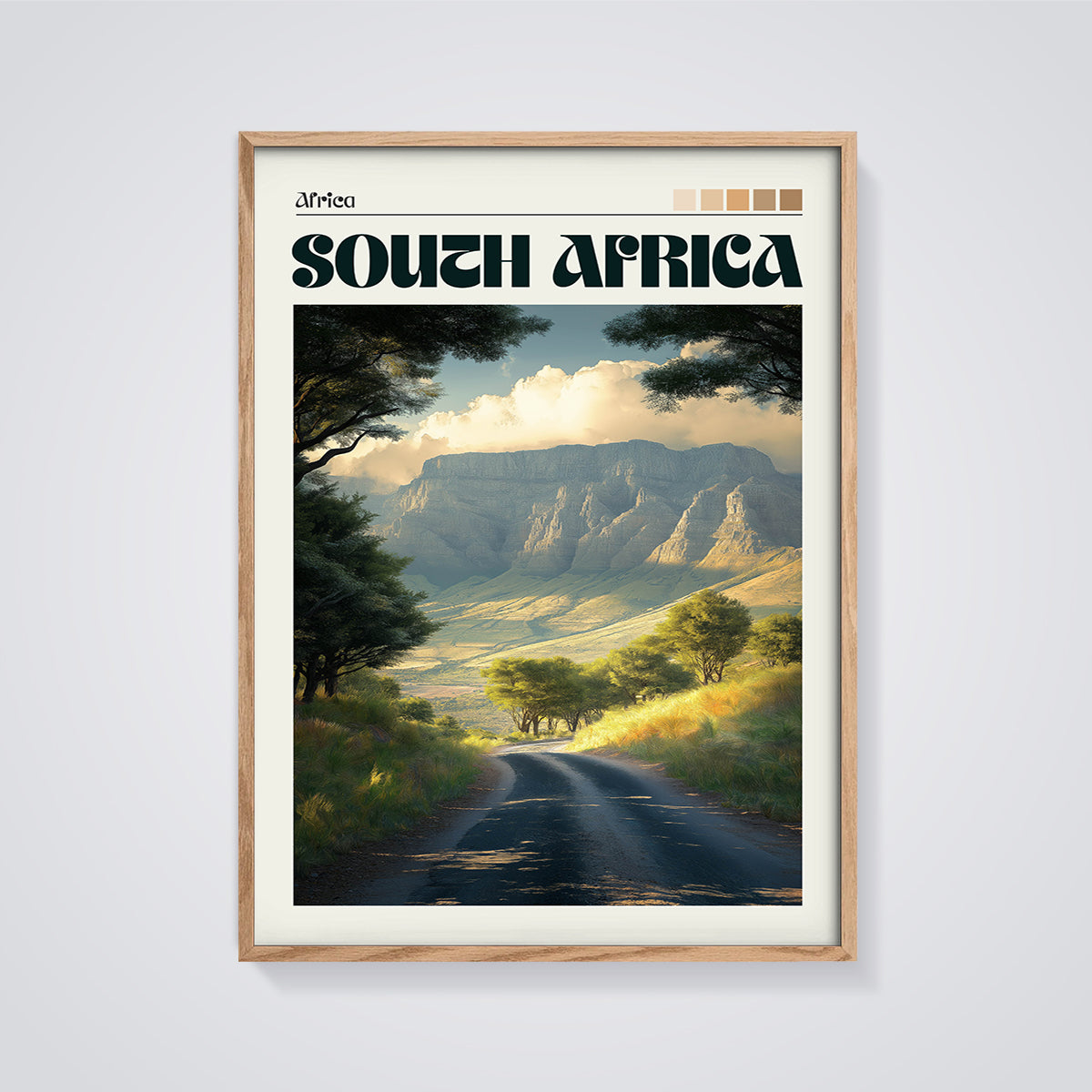 South Africa Mountain Road Print framed in oak on a grey background