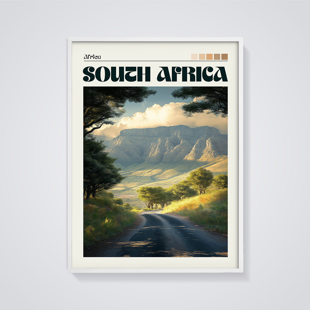 South Africa Mountain Road Print framed in white on a grey background