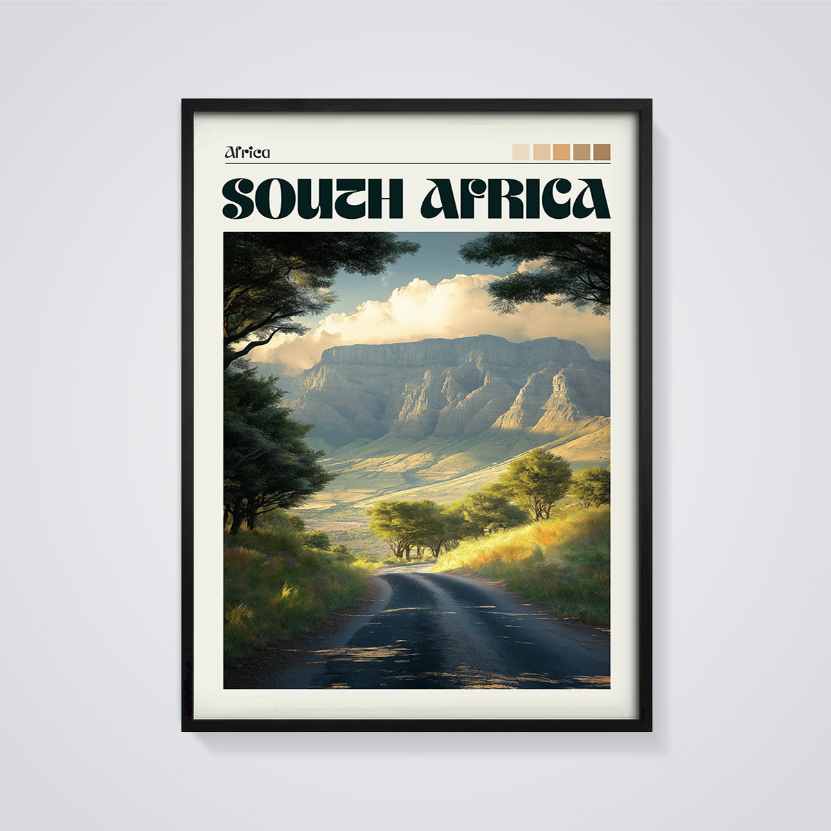 South Africa Mountain Road Print framed in black on a grey background
