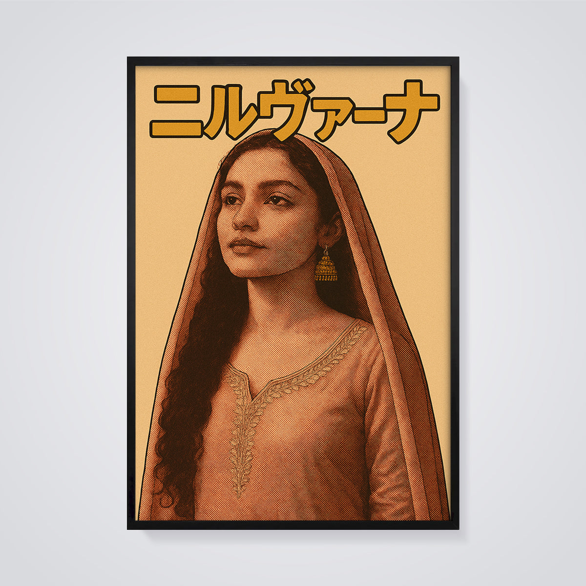 South Asian Woman Portrait Print framed in black on a grey background