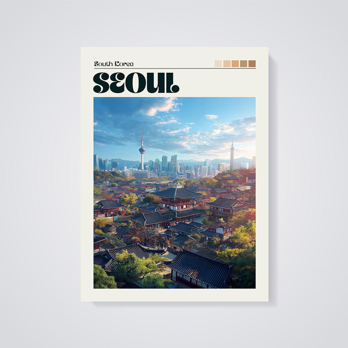 South Korea Seoul Cityscape Print unframed on a grey background