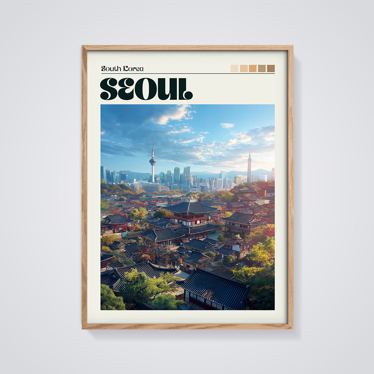 South Korea Seoul Cityscape Print framed in oak on a grey background