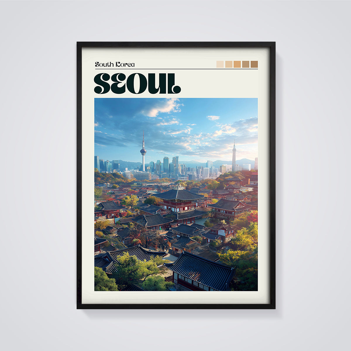 South Korea Seoul Cityscape Print framed in black on a grey background