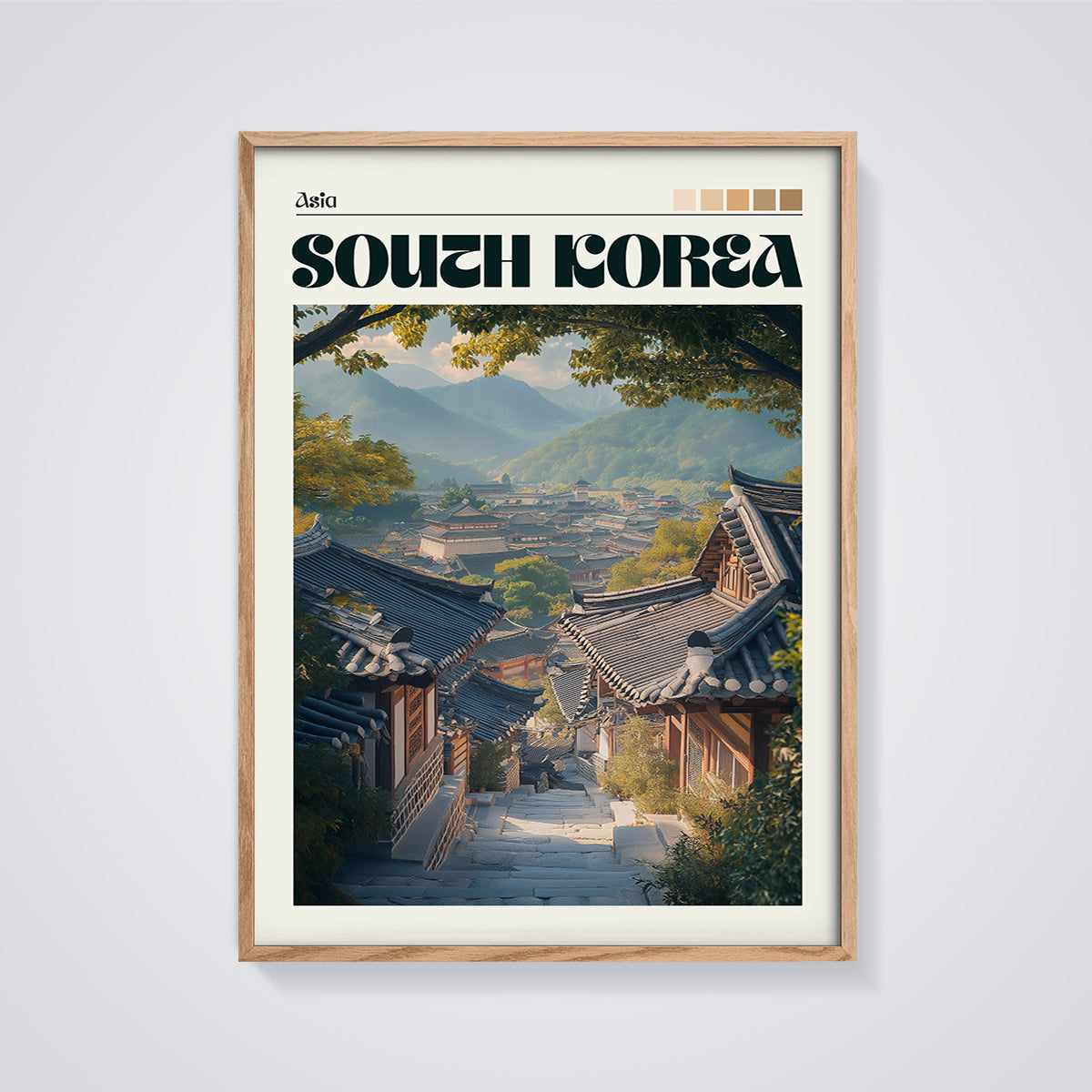 South Korea Village View Print framed in oak on a grey background