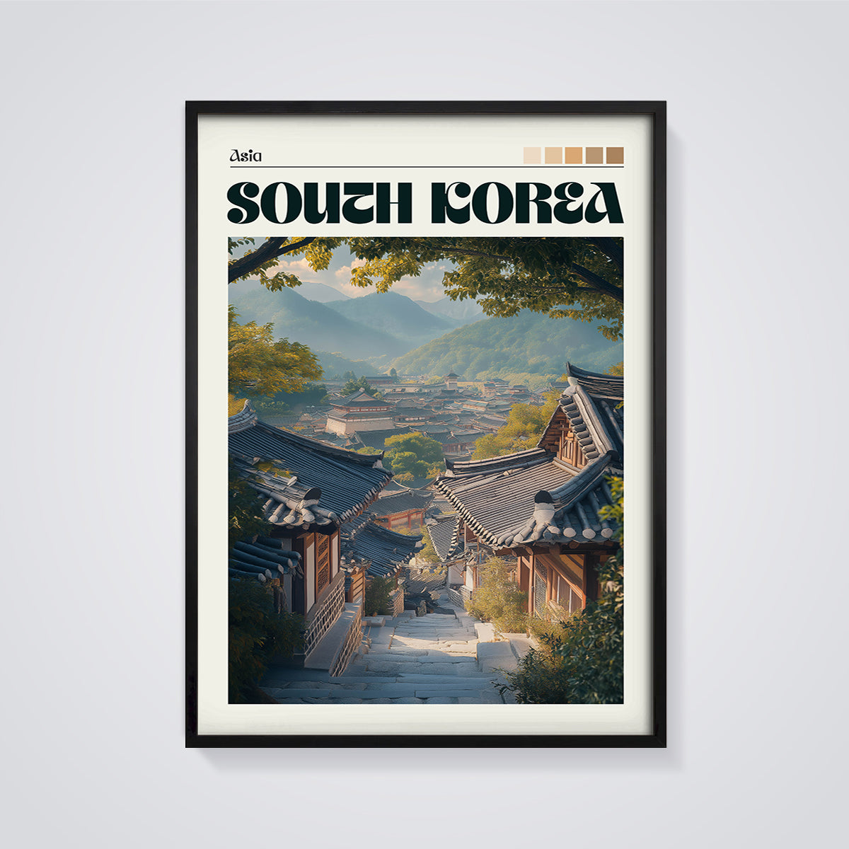 South Korea Village View Print framed in black on a grey background