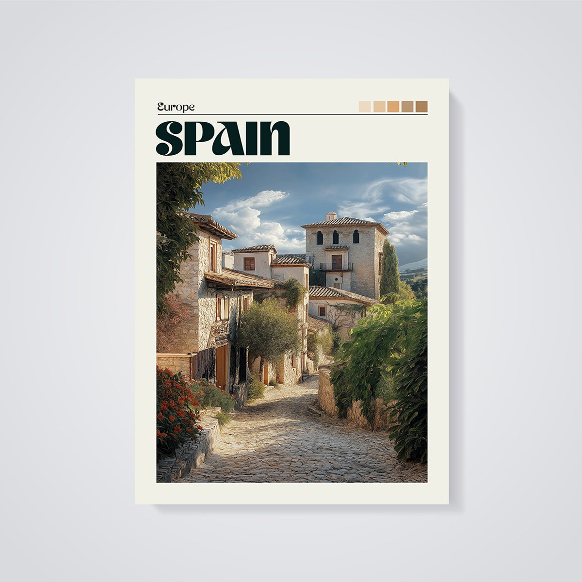 Spain Old Town Street Print unframed on a grey background