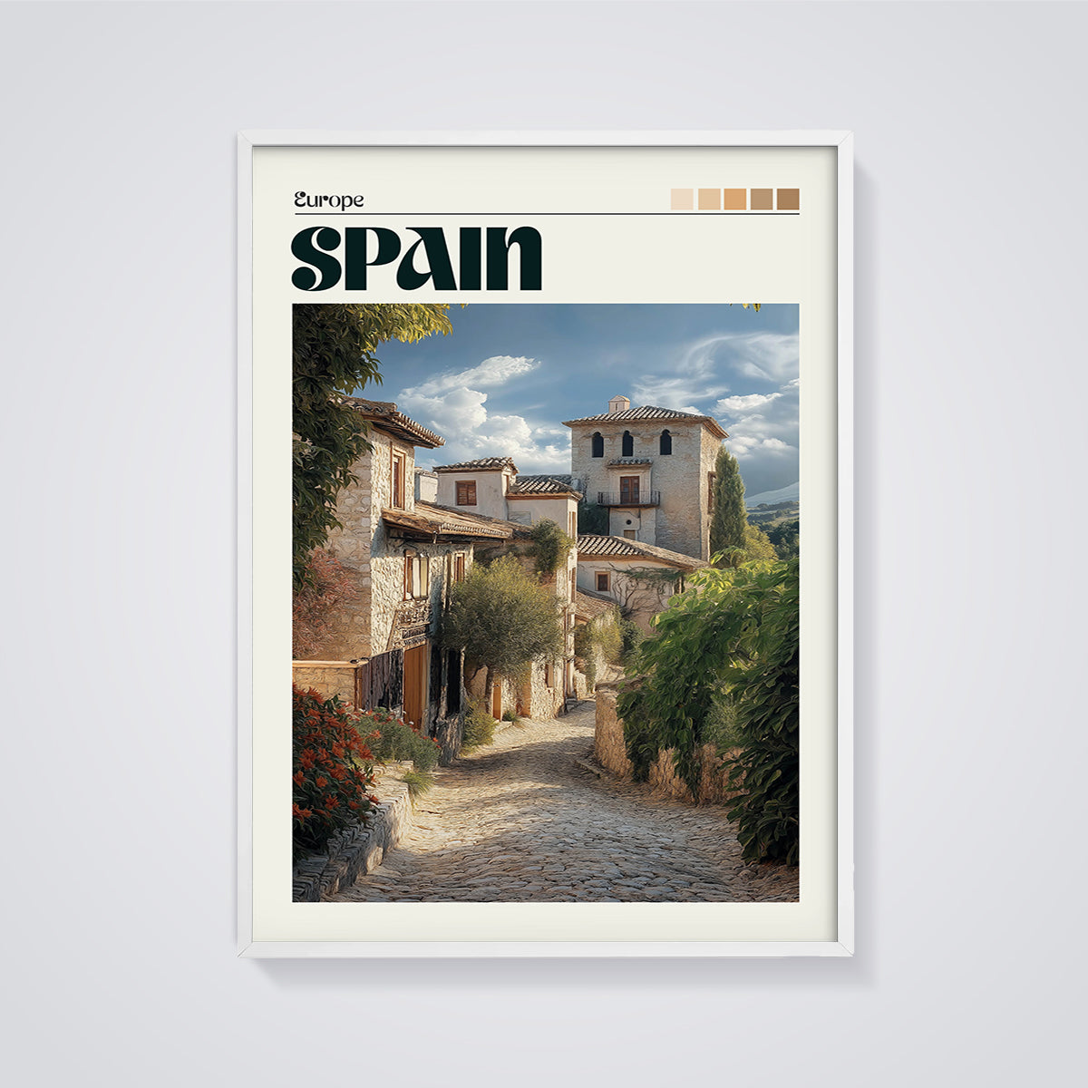 Spain Old Town Street Print framed in white on a grey background