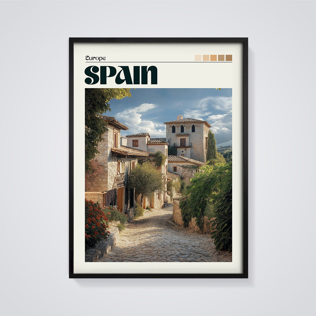 Spain Old Town Street Print framed in black on a grey background