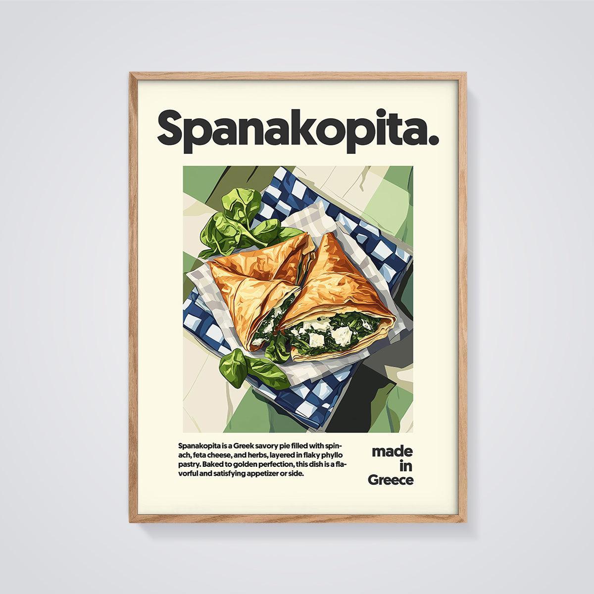 Spanakopita Greek Pie Print framed in oak on a grey background
