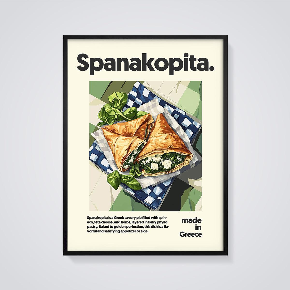 Spanakopita Greek Pie Print framed in black on a grey background