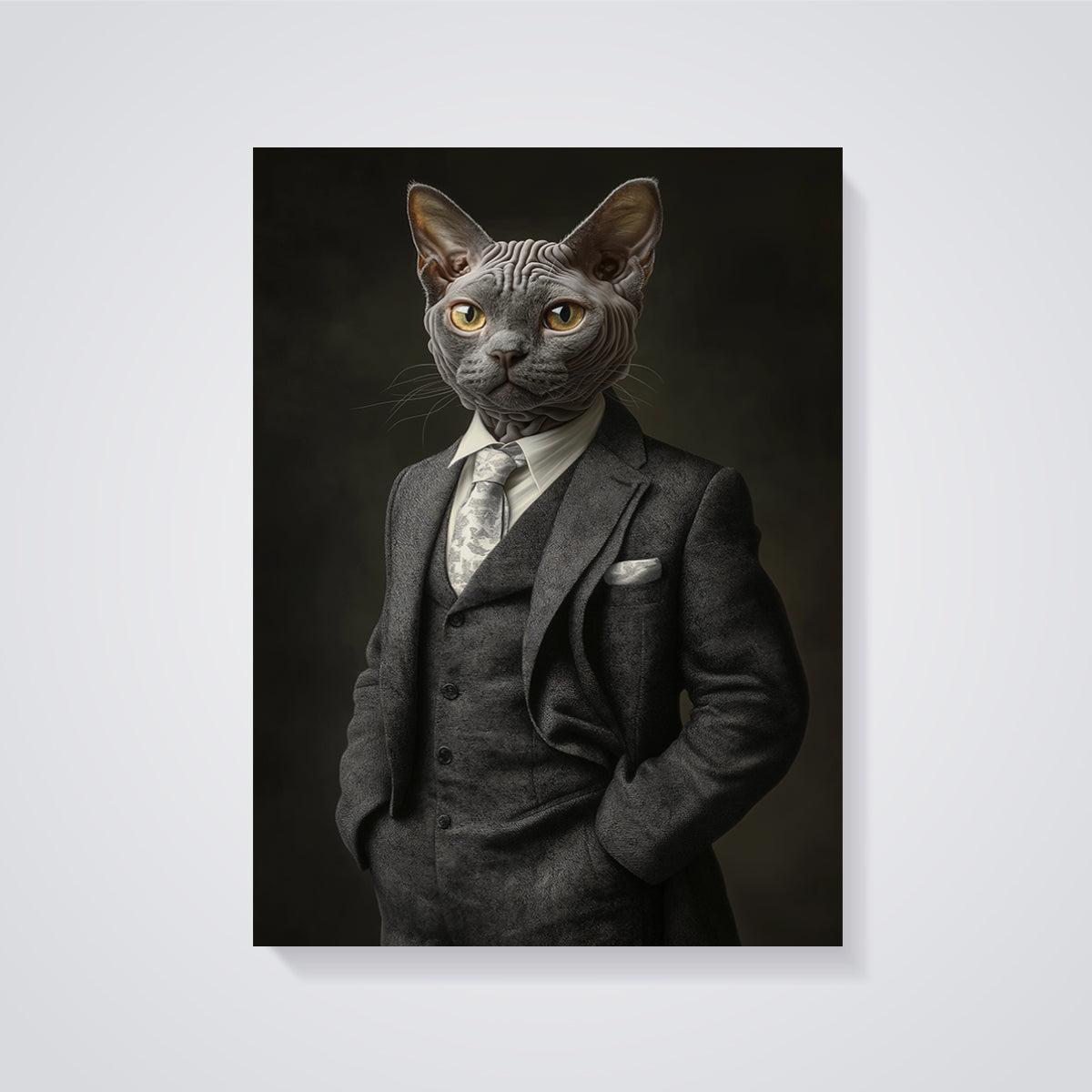 Sphynx Cat in Suit Print unframed on a grey background